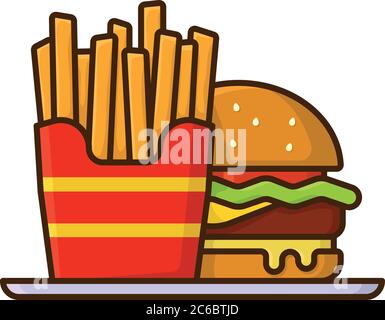 Boîte de frites et hamburger sur une illustration vectorielle isolée en comprimé pour la Journée des frites le 13 juillet. Symbole de couleur de repas rapide. Illustration de Vecteur