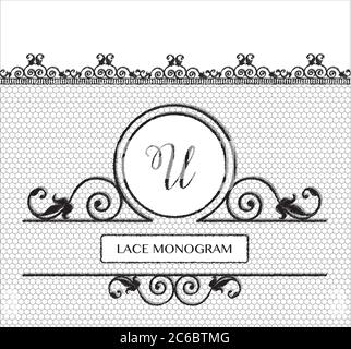 Monogramme en dentelle noire lettre U, cousu sur fond de tulle sans couture avec bordure fleurie de style ancien. Format vectoriel EPS10. Illustration de Vecteur