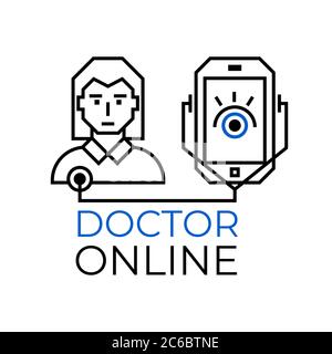 Médecin en ligne chantent. Médecin à travers l'écran du téléphone en utilisant le stéthoscope vérifie l'état de santé. Illustration de Vecteur