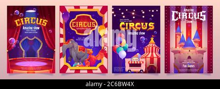 Prospectus de foire de carnaval. Affiches de spectacle de cirque avec éléphant sur le ballon, la tente et le chariot alimentaire. Ensemble de tracts de dessins animés vectoriels avec illustration de la scène de cirque, ballons et château magique Illustration de Vecteur