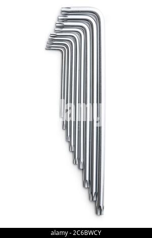 Tournevis Torx métalliques isolés sur fond blanc. Banque D'Images