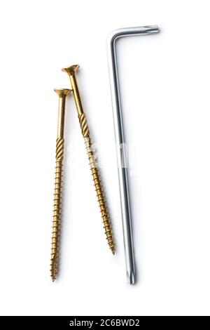 Tournevis Torx et vis métalliques isolés sur fond blanc. Banque D'Images