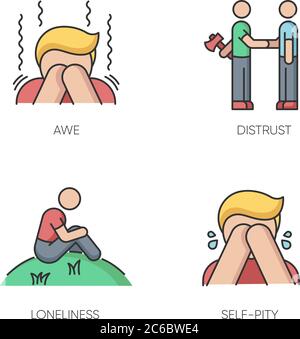 Émotions négatives et mauvaises émotions RVB icônes de couleur définies. Comportement humain, États psychologiques. Méfiance, solitude, admiration et pitié de soi. Vecto isolé Illustration de Vecteur