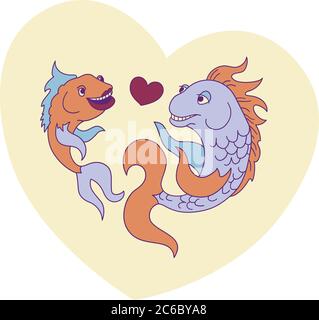 Illustration vectorielle d'un couple de poissons amoureux. Idée pour carte postale, cadeau de la Saint-Valentin. Jolie paire de poissons sur fond de coeur. Illustration de Vecteur