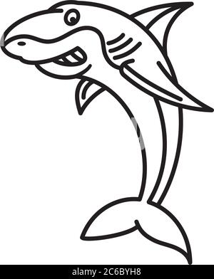 Icône de ligne vectorielle de personnage de dessin animé de requin . Symbole de contour de poisson carnivore. Illustration de Vecteur