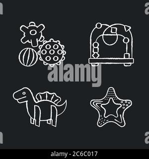 Enfants jouets sensoriels craie icônes blanches sur fond noir. Billes texturées et labyrinthe de perles. Compétences moteur fines et brutes. Jeunes enfants Illustration de Vecteur