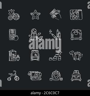 Jouets d'enfance craie icônes blanches sur fond noir. Jouets éducatifs pour les enfants développement précoce. Maison de poupées.tricycle et marcheur de bébé. Isoler Illustration de Vecteur