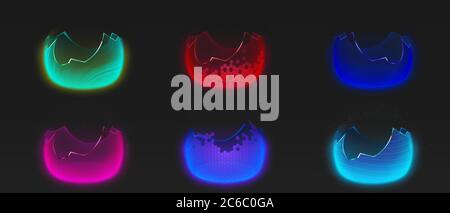 Écrans à bulles cassés, champs de force de protection endommagés. Ensemble vectoriel réaliste de barrière énergétique de sécurité avec fissure et fracture isolée sur fond noir. Concept de défense cassé Illustration de Vecteur