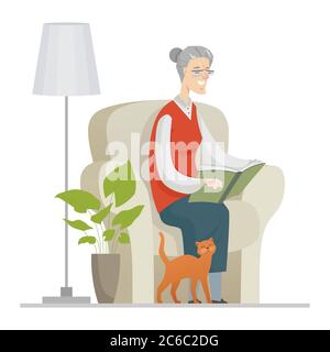 Femme âgée en train de lire - illustration de style plat Illustration de Vecteur