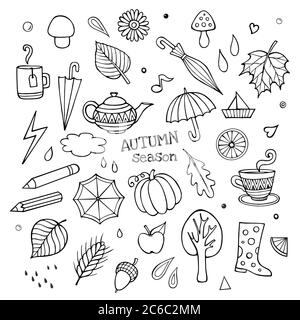 Ensemble vectoriel de différents éléments automnaux dessinés à la main Illustration de Vecteur
