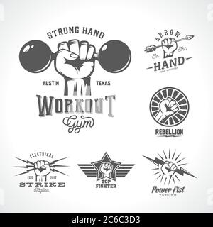 Ensemble de modèles de logo Retro Vector Fists. Différents concepts abstraits avec emblème ou signe de la main. Style vintage et typographie. Illustration de Vecteur