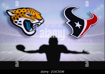 Jacksonville Jaguars contre Houston Texans . Match NFL. Match de la Ligue américaine de football. Silhouette de joueur professionnel pour une touche de touche. Entrée de l'écran Banque D'Images