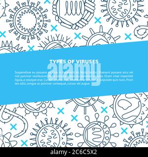 Types de virus bannière en style de ligne avec place pour le texte. Affiche scientifique avec fond de symboles de micro-organismes. Illustration vectorielle. Illustration de Vecteur