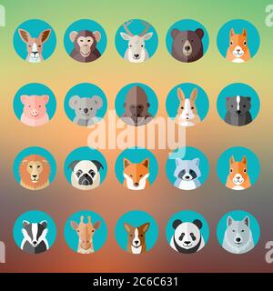 Ensemble d'icônes de portraits d'animaux ou d'avatars vectoriels de style plat avec arrière-plan abstrait flou Illustration de Vecteur