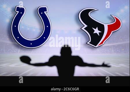 Indianapolis Colts contre Houston Texans . Match NFL. Match de la Ligue américaine de football. Silhouette de joueur professionnel pour une touche de touche. Écran dans ba Banque D'Images