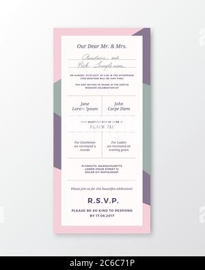 Modèle d'invitation de mariage vectoriel. Typographie moderne et pastel violet, couleurs roses. Carte design élégante avec ombre réaliste et douce. Illustration de Vecteur