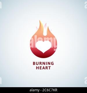 Modèle de symbole, de symbole ou de logo vectoriel de cœur en flammes. Concept d'emblème d'espace négatif. Illustration de Vecteur