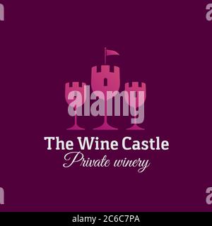 Le modèle de logo, d'emblème ou de symbole vectoriel abstrait Wine Castle. Lunettes Symbol as Towers Silhouette Creative concept avec rétro Typographie. Sur violet Illustration de Vecteur