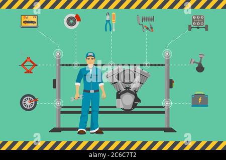 Concept de centre de réparation mécanique automobile avec réglage des éléments plats de diagnostic et homme de travail Illustration de Vecteur