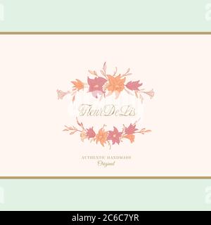 Modèle de logo, d'emblème ou de signe vectoriel abstrait de lys. Cadre à fleurs dessinées à la main avec typographie rétro et fond classique. Parfait pour les invitations Illustration de Vecteur