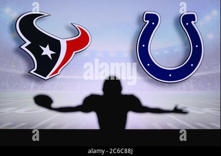 Houston Texans contre Indianapolis Colts. Match NFL. Match de la Ligue américaine de football. Silhouette de joueur professionnel pour une touche de touche. Écran en bac Banque D'Images