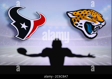 Houston Texans contre Jacksonville Jaguars. Match NFL. Match de la Ligue américaine de football. Silhouette de joueur professionnel pour une touche de touche. Écran dans b Banque D'Images