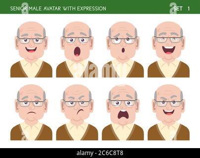 Ensemble d'émotions faciales de grand-père. Personnage de style caricature mâle senior avec différentes expressions. Illustration vectorielle. Illustration de Vecteur