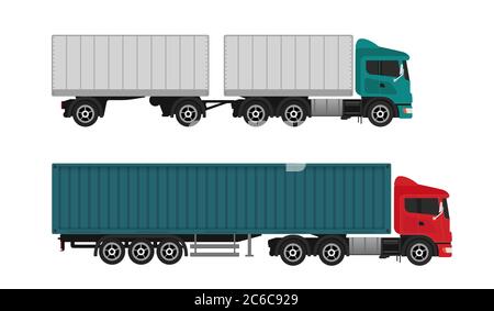 Livraison et expédition de camions et de semi-camions de fret isolés sur fond blanc. Illustration de Vecteur