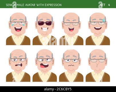 Ensemble d'émotions faciales de grand-père. Personnage de style caricature mâle senior avec différentes expressions. Illustration vectorielle. Illustration de Vecteur
