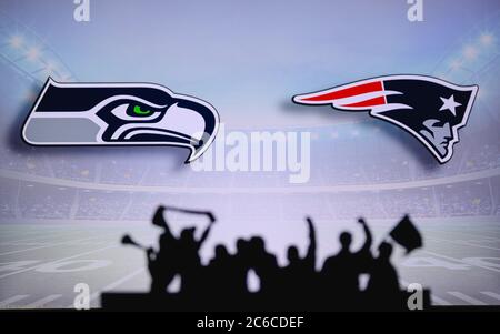 Seattle Seahawks contre New England Patriots. Assistance pour les fans sur NFL Game. Silhouette des supporters, grand écran avec deux rivaux en arrière-plan. Banque D'Images