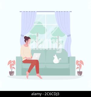 Une jeune femme heureuse travaillant sur un ordinateur portable à la maison avec un chat mignon. Illustration de Vecteur