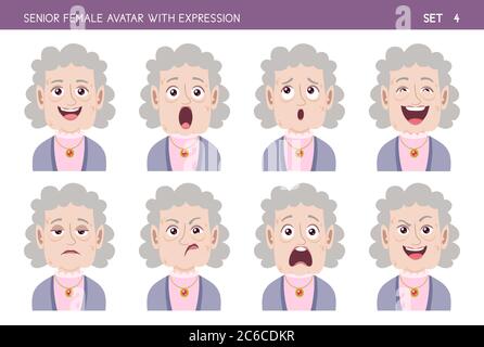 Jeu d'émotions faciales de vieille femme. Personnage de style caricature féminin senior avec différentes expressions. Partie 4 de 6. Illustration de Vecteur