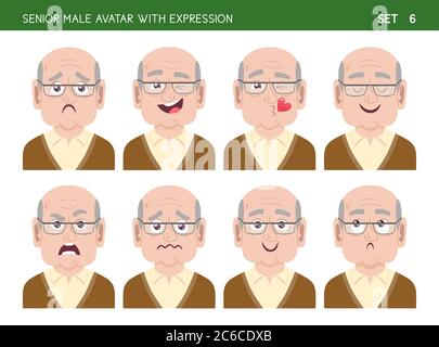Ensemble d'émotions faciales de grand-père. Personnage de style caricature mâle senior avec différentes expressions. Illustration vectorielle. Illustration de Vecteur