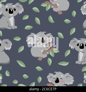 Motif sans couture joli koala de style australien plat, illustration pour enfants, imprimé pour t-shirt et bloc-notes Illustration de Vecteur