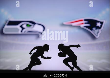 Seattle Seahawks contre New England Patriots. Affiche NFL Match. Deux joueurs de football américain se font face sur le terrain. Logo des clubs dans ba Banque D'Images