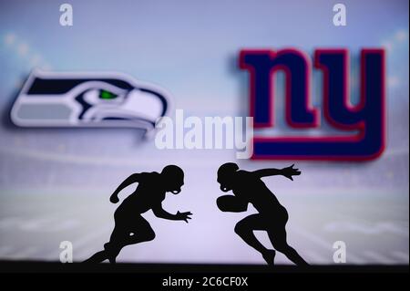 Seattle Seahawks contre New York Giants. Affiche NFL Match. Deux joueurs de football américain se font face sur le terrain. Logo des clubs dans backgro Banque D'Images