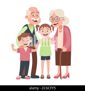 Portrait des grands-parents, du grand-dessinateur et du petit-fils. Concept de la fête des grands-parents heureux. Illustration vectorielle de style dessin animé, isolée sur fond blanc Illustration de Vecteur