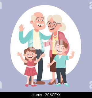 Portrait de heureux grands-parents et de deux petits-enfants. Concept de la fête des grands-parents heureux. Illustration vectorielle en style dessin animé. Illustration de Vecteur