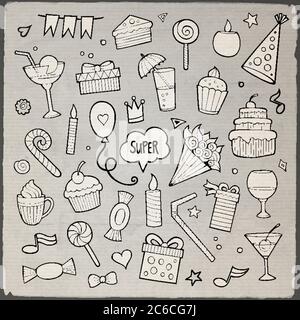 Ensemble vectoriel de différents éléments de vacances dessinés à la main. Illustration de Vecteur