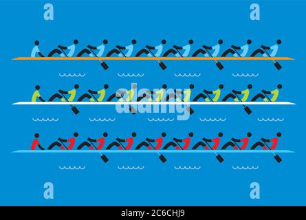 Course d'aviron, Eights. Illustration stylisée de trois bateaux, rameurs concurrents sur fond bleu.Vector disponible. Illustration de Vecteur