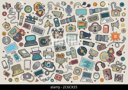 Objets d'équipement et de dispositifs Doodle Set dessinés à la main à vecteur de couleur Illustration de Vecteur