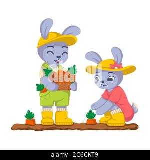 Les lapins récoltent des carottes dans le jardin. Lapin travaille dans le kailyard. Agriculture, jardinage. Illustration enfant vecteur isolée sur fond blanc Illustration de Vecteur