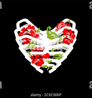 Coeur fait de côtes et de fleurs. Amour des os et des roses. Motif de cage de côtes en forme de coeur. Symbole tatouage Illustration de Vecteur