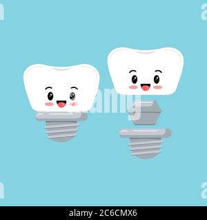 Ensemble d'icônes emoji de dents d'implant dentaire mignon isolé sur fond bleu. Illustration de Vecteur