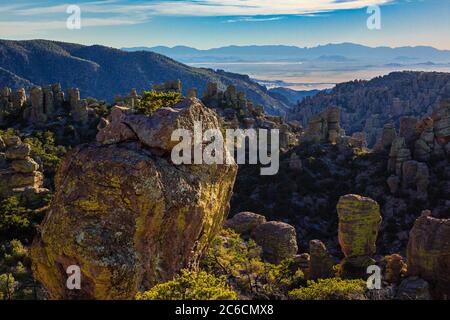 La lumière dorée déborde sur les hoodoos et les formes fantaisistes du Rhyolite Canyon. Monument national Chiricahua dans le sud de l'Arizona. Banque D'Images