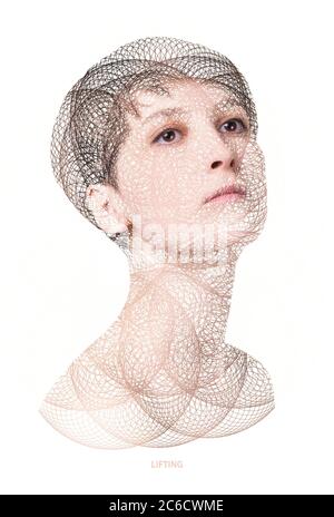 Le concept de levage, de peau, de chirurgie plastique. Femme visage avec des marques et des flèches. Collage d'art. Banque D'Images