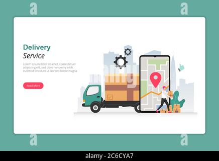 Service de livraison avec concept de camionnage. Boîte de transport à caractère de messagerie à livrer au client. Smartphone avec symbole d'application gps. Entreprise Banque D'Images