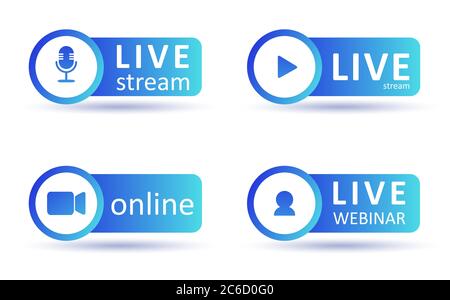 Ensemble d'icônes de diffusion en direct. Symboles de gradient et boutons de diffusion en direct, diffusion, webinaire en ligne. Étiquette pour la télévision, les émissions, les films et les émissions en direct Illustration de Vecteur