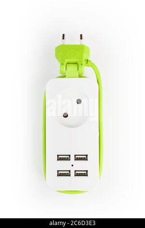 Rallonge Power Strip USB pour charger des gadgets et des appareils électroniques. Sur fond blanc, isolez. Espace libre Banque D'Images