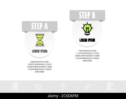 Cercles infographiques avec 2 étapes, options. Modèle de vecteur de ligne. Peut être utilisé pour les diagrammes, les entreprises, le Web, les bannières, la mise en page du flux de travail, les présentations, le flux Illustration de Vecteur